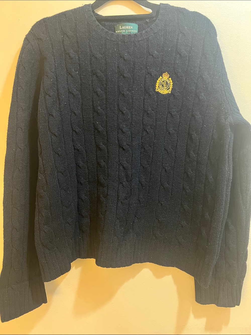 Lauren Ralph Lauren Navy Cable Crew Sweater with Gold Crest Sz. L